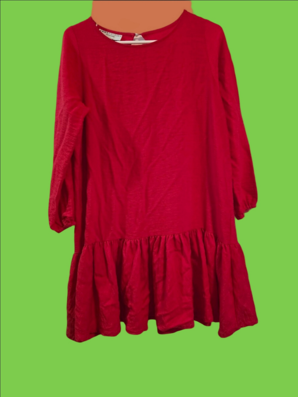 4/$97 Deal! Canadian Emma Knudsen Red Long-Sleeve Ruffle-Hem Mini Dress